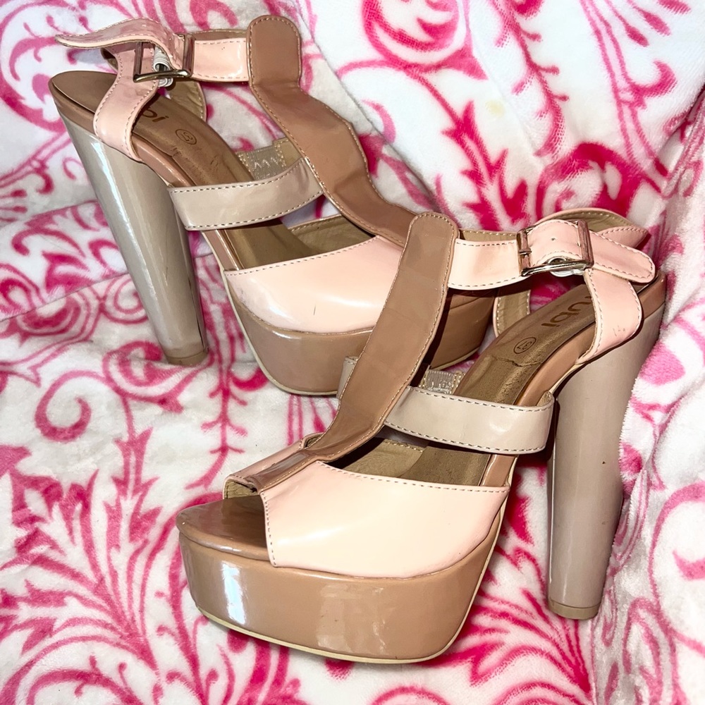 Nude and pink chunk heel